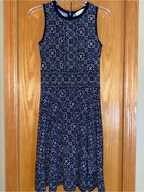 Michael Kors Sleeveless Dress Women's XS Navy Geometric Crew Neck Knee Length